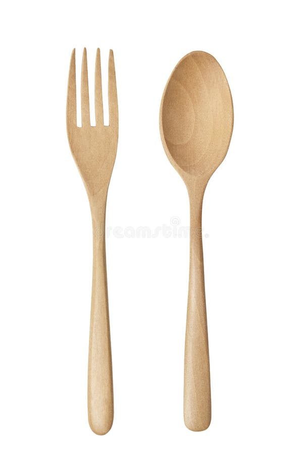 Wooden Fork and Spoon, Isolated on White Background. Close Up. Stock