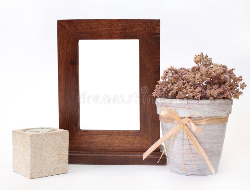 Wooden frame, candlestick and flower pot