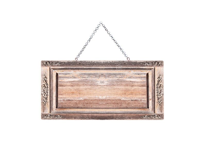 Wooden Frame Sign with Engraving Patterns and Rusty Iron Chain Hanging