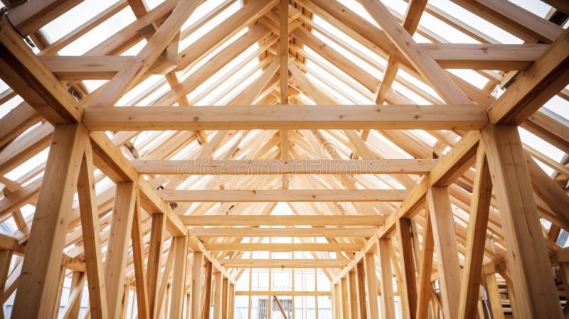 Wooden frame structure house building. Neural network vector illustration.