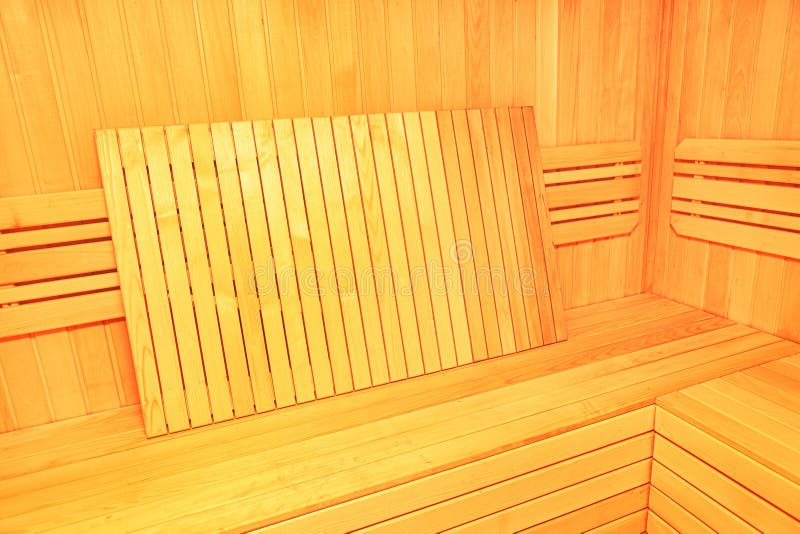Wooden furniture inside sauna