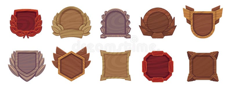 Wooden game level frame. Medieval wood avatar border, rating badges achievement menu panel, cartoon bordering decor for stock illustration