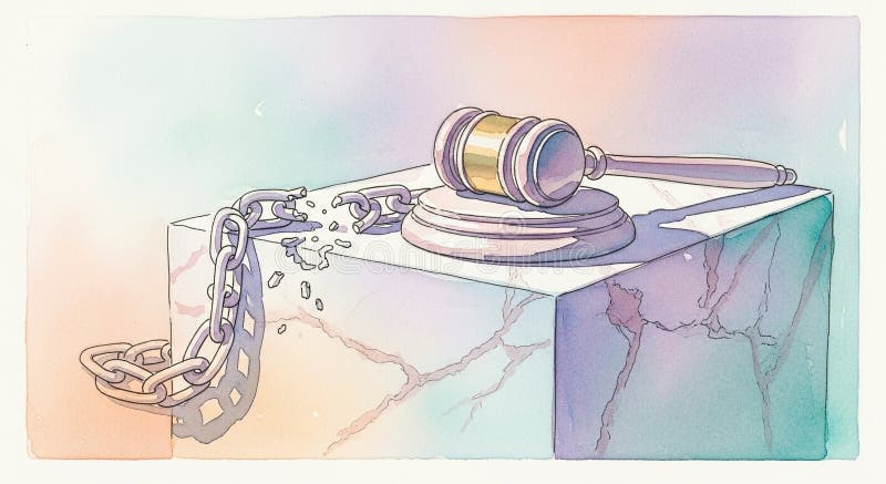 A wooden gavel with a metal head rests atop a cube on a marble surface featuring a chain attached to the cube s side with a hook ilustração stock