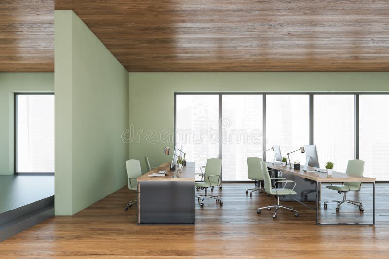 Wooden Green Office Room with Minimalist Furniture and Computers Stock  Illustration - Illustration of parquet, furniture: 211097362