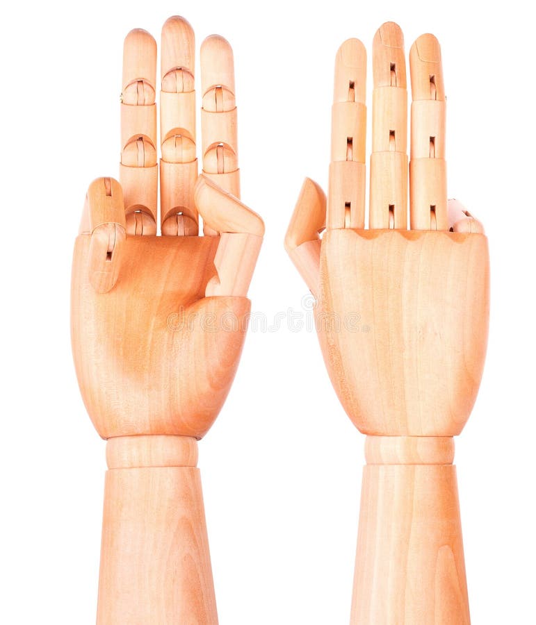 Wooden hand is showing three fingers isolated on white background