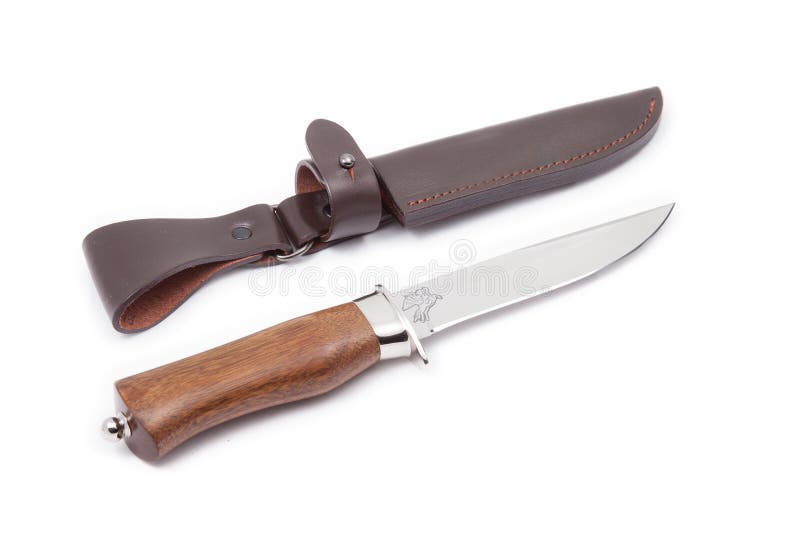 Wooden Handle Hunting Knife and Sheath Isolated Stock Image Image of