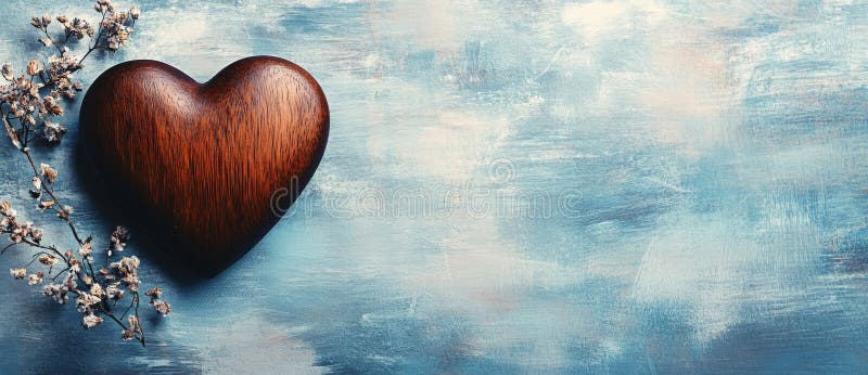 Wooden heart mockup engraved for greeting card design, featuring copy space and dried flowers for a rustic feel royalty free stock photo