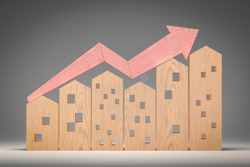 Wooden houses models with red wooden arrows up. Mortgage loan. hypothec. Housing boom, property market growing