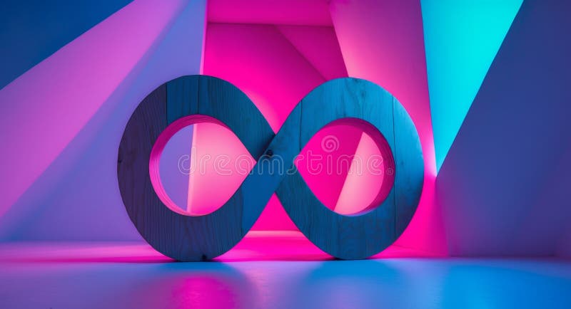 Wooden Infinity Symbol Under Neon Lights in Abstract Architectural Space. stock image