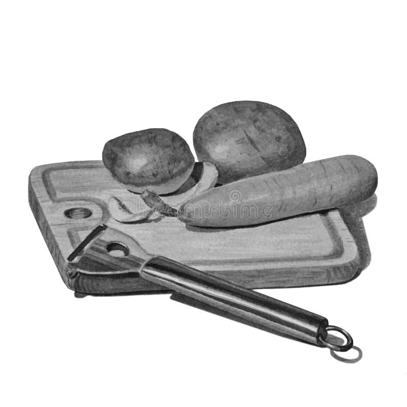 Wooden kitchen board isolated on white. Hand-drawn potatoes and carrots, a knife for cleaning vegetables stock illustration Wooden kitchen board isolated on white. Hand-drawn potatoes and carrots, a knife for cleaning vegetables stock illustration