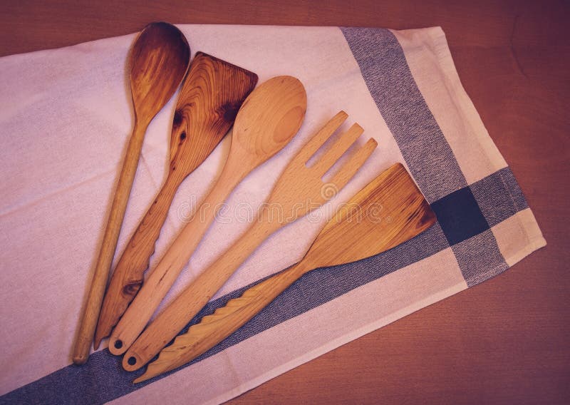 Wooden Kitchen Utensils and Kitchen Towel Stock Image Image of
