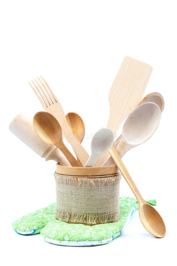 Wooden Kitchen Utensils on White Background. Stock Photo Image of