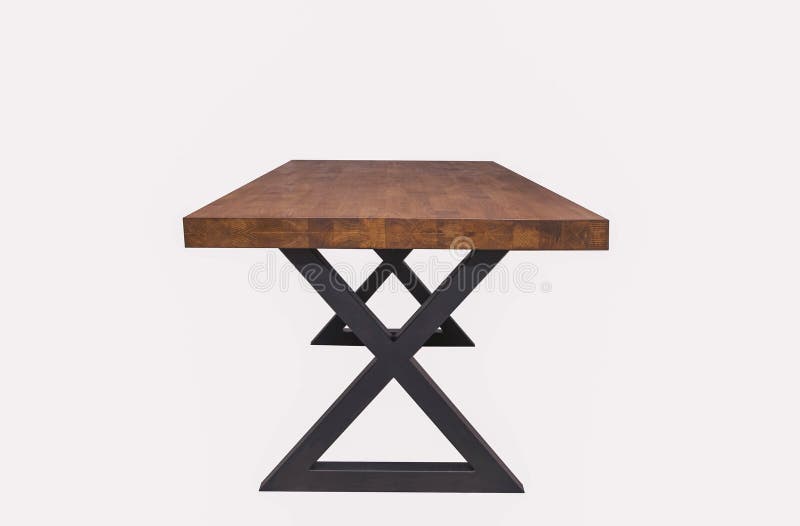 Wooden Lacquered Table with Black Legs on White Background Side View