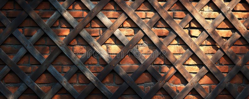 Wooden lattice pattern on brick wall capturing warm sunlight for architectural and design inspiration stock photography