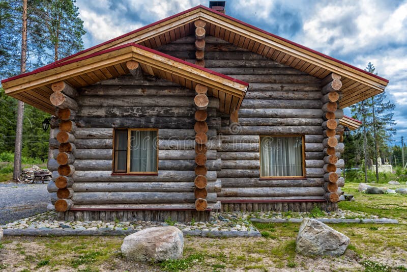 A Wooden Log Cabin in Pine Forest Stock Photo - Image of brown, pine ...