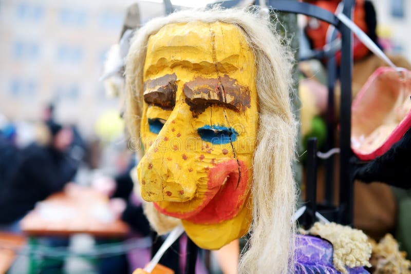 Wooden maks weared to celebrate Uzgavenes, a Lithuanian annual folk festival taking place several weeks before Easter.