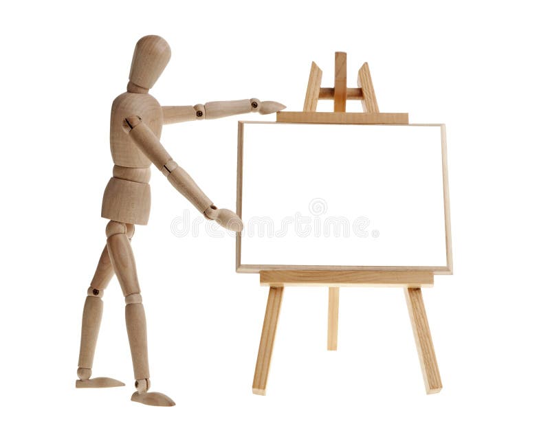 Wooden man pointing to easel.