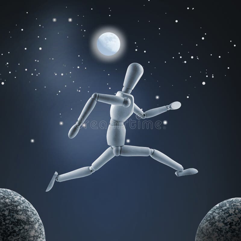 Wooden mannequin is jumping over the abyss at full moon as sky b stock images Wooden mannequin is jumping over the abyss at full moon as sky b stock images