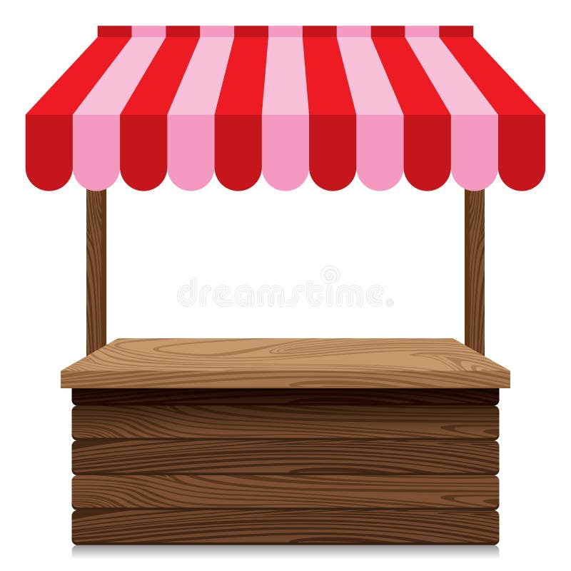Wooden Market Stall With Red And Pink Awning On White Background. Stock