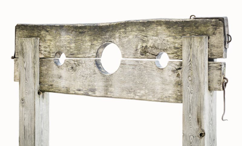 Wooden medieval pillory on white royalty free stock photos Wooden medieval pillory on white royalty free stock photos