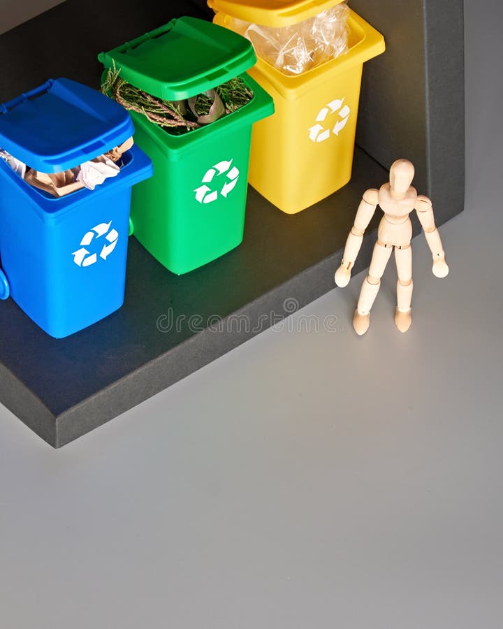 Wooden Model Of Human And Three Color Coded Recycle Bins Isometric Projection With Copy Space Recycling Sign On The Bins Blue Stock Image Image Of Disposal Isometric 170752815