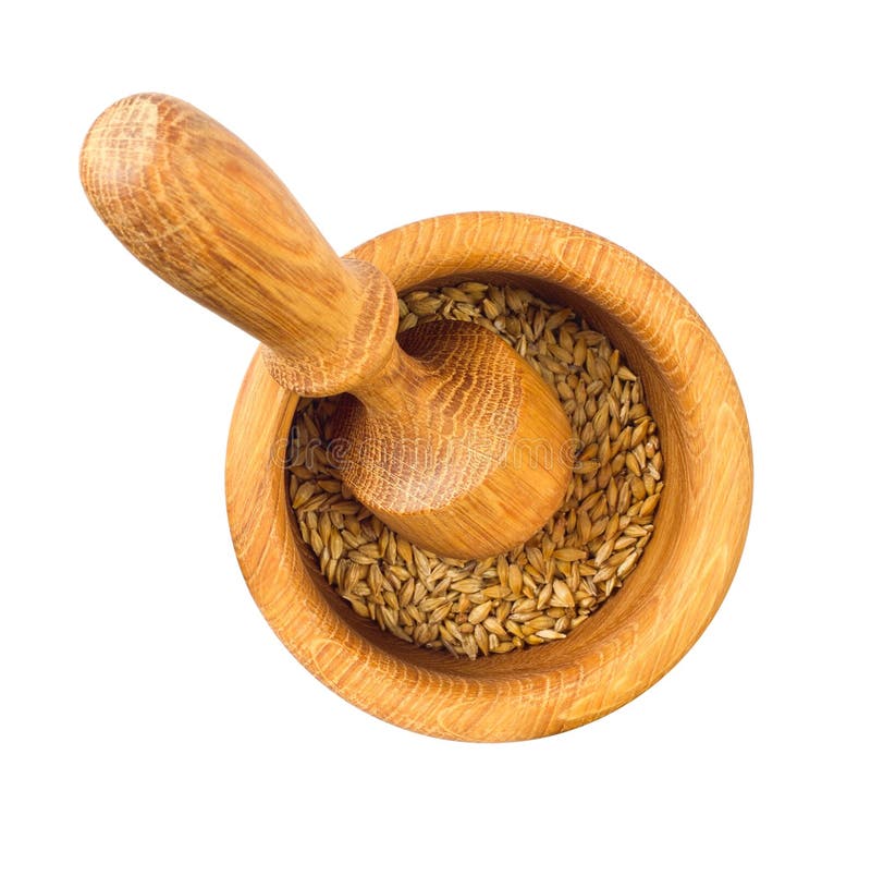 Wooden Mortar and Pestle with Grains. Stock Photo Image of isolated