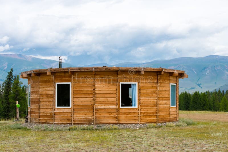 Wooden Mountain House On Green Field Mountains Altay Russia Stock