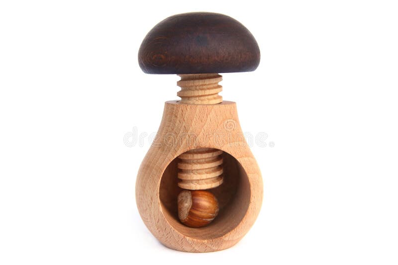 Wooden Mushroom Shape Nutcracker Isolated on White Background. Stock