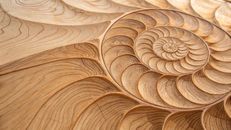 Wooden Nautilus Spiral Carving Intricate Wood Grain, Golden Hues, Fibonacci Pattern, Wood Art, Nautilus Shell wood carving, spiral royalty free illustration