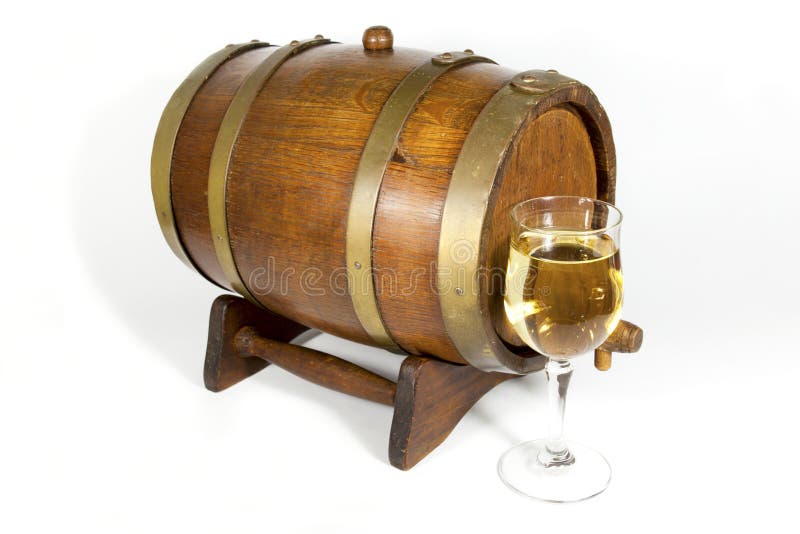 Wooden Oak Cask with Glass of White Wine Stock Image Image of table