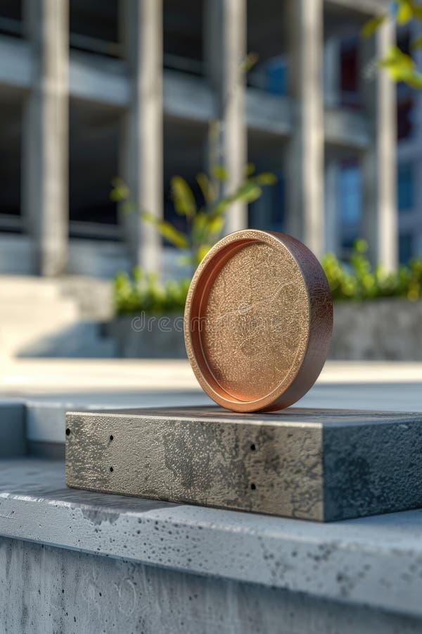 A wooden object sits on top of a cement block in a simple setup royalty free stock photography