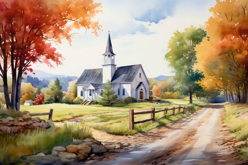 Wooden old church in a rural landscape, watercolor illustration generated by AI