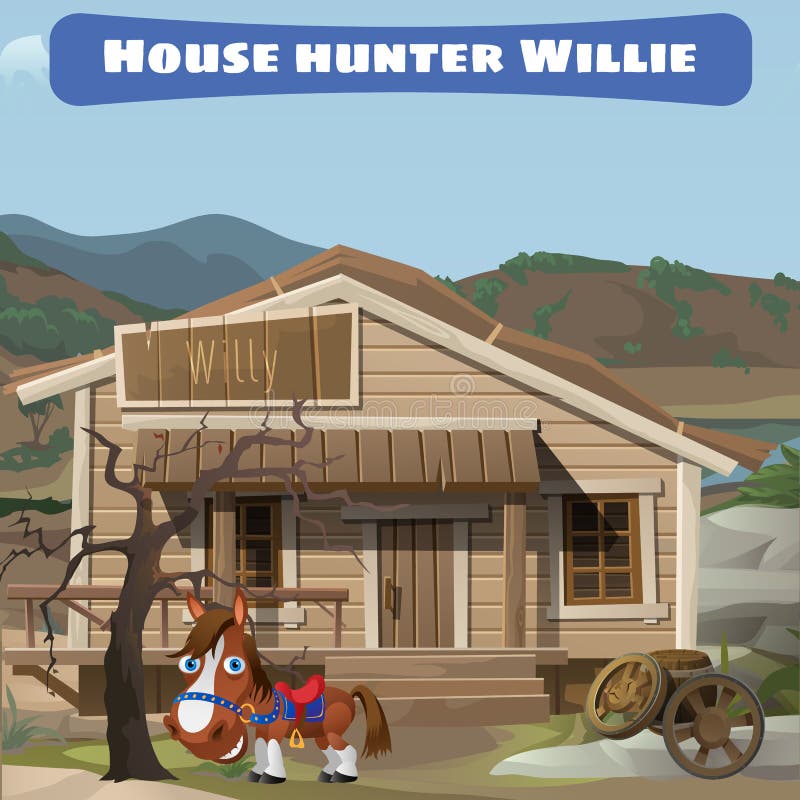 Wooden old house of the hunter and his horse vector illustration Wooden old house of the hunter and his horse vector illustration