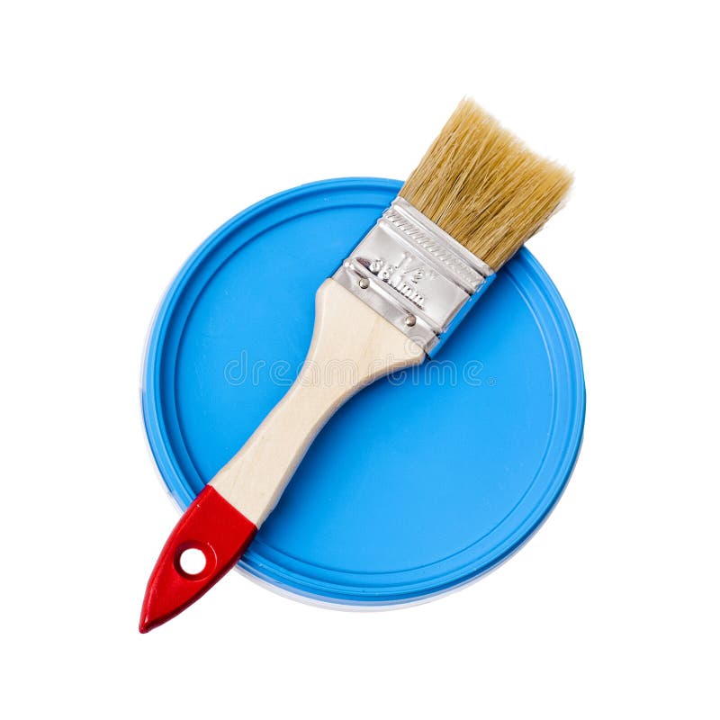 Wooden Paint Brush on a Blue Paint Bucket. Isolate on White Background Stock Photo Image of