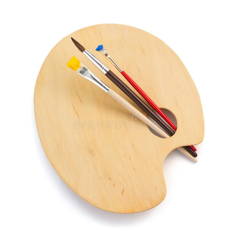 Wooden palette and paintbrush on white