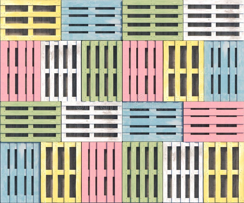 Wooden pallets of different pastel colors and shapes lie in a row in a top view. Seamless texture or background. Creative stock illustration