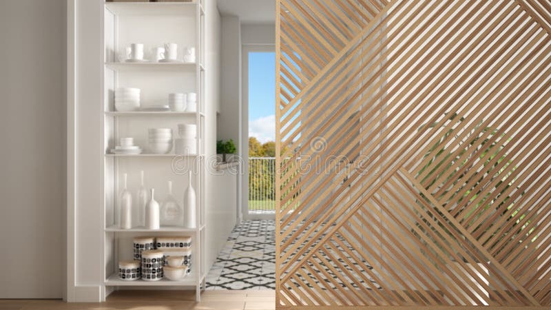 Wooden panel close-up, modern kitchen with big window, parquet floor. Minimalist zen interior design concept idea, contemporary