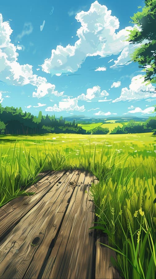 Wooden Pathway Leading Through a Vibrant Green Field Under a Clear Blue Sky royalty free illustration