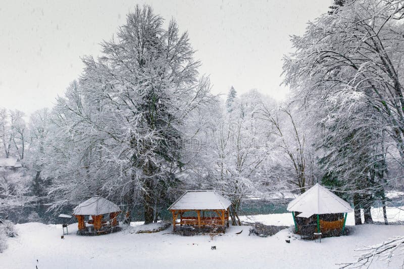 Wooden pavilions under snow royalty free stock images Wooden pavilions under snow royalty free stock images