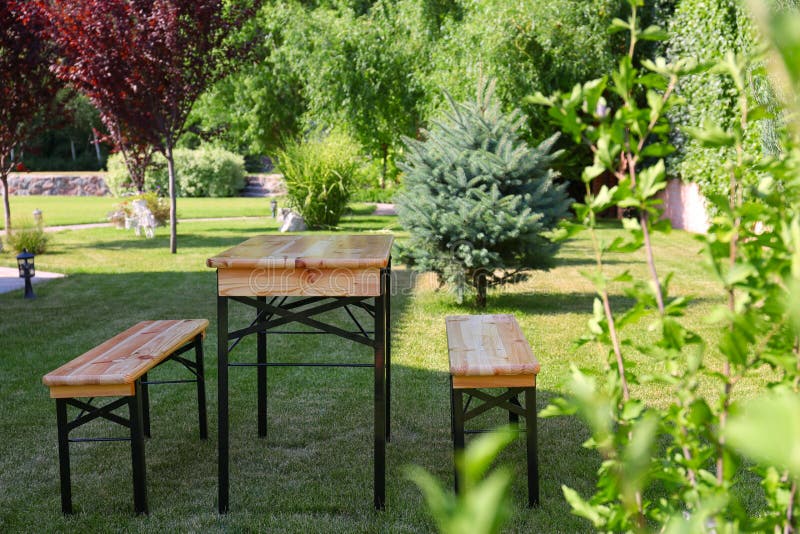 Wooden Picnic Table with Benches in Park Stock Image Image of