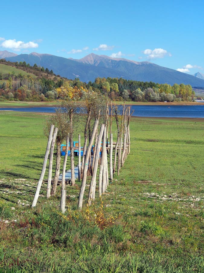 Wooden pier at dry shore of Liptovska Mara