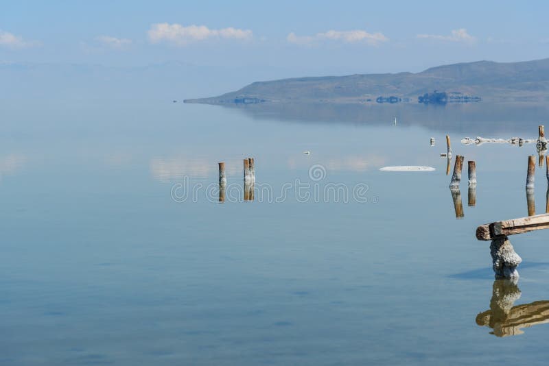 Wooden pillars with crystallized salt on Urmia Salt Lake. Iran