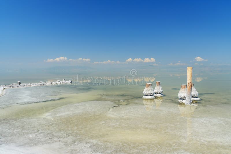 Wooden pillars with crystallized salt on Urmia Salt Lake. Iran