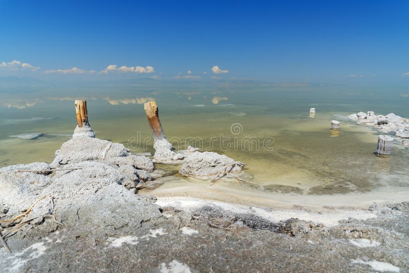 Wooden pillars with crystallized salt on Urmia Salt Lake. Iran