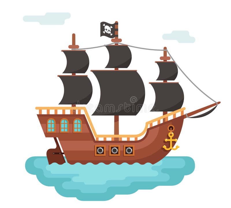 Wooden pirate buccaneer filibuster corsair sea dog ship game icon isolated flat design vector illustration