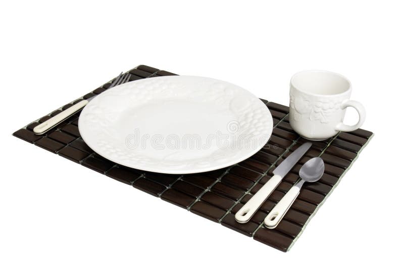Wooden Place Mat With White Dinner Plate Setting Stock Image Image of