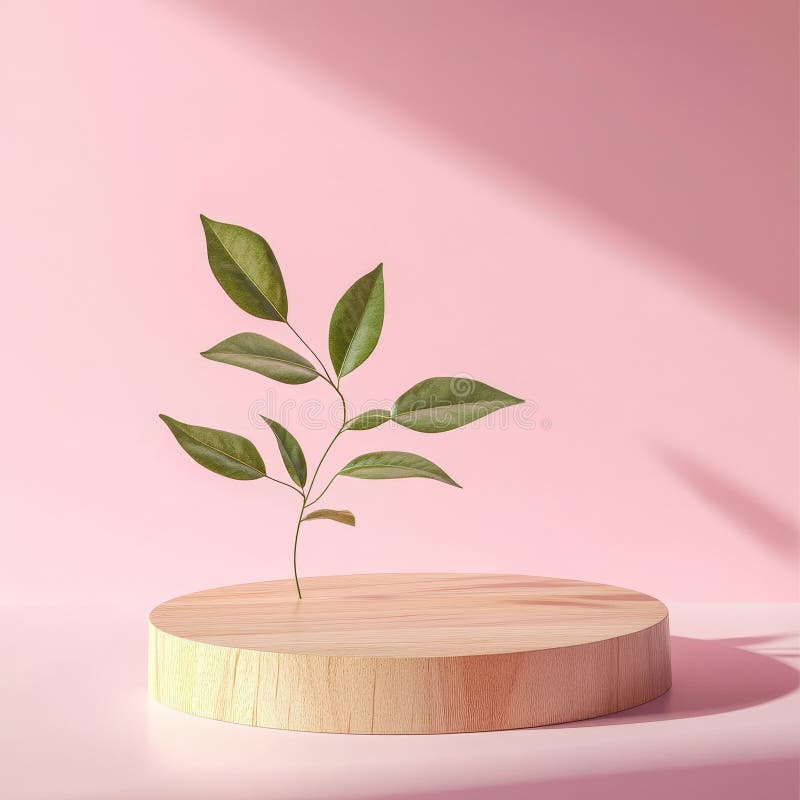 Wooden podium with a plant on a pink background. 3d rendering stock illustration