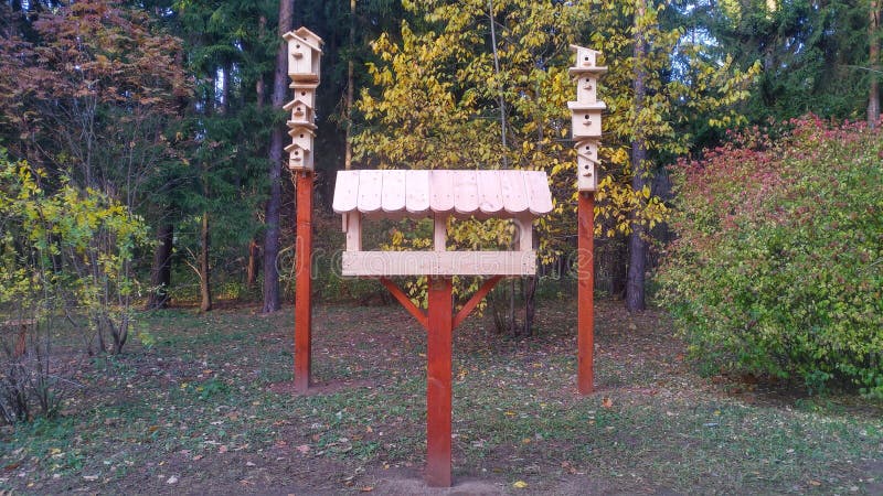A wooden pole has been placed on the grass lawn in the city park. Wooden birdhouses and a large bird feeder are attached to them. royalty free stock images