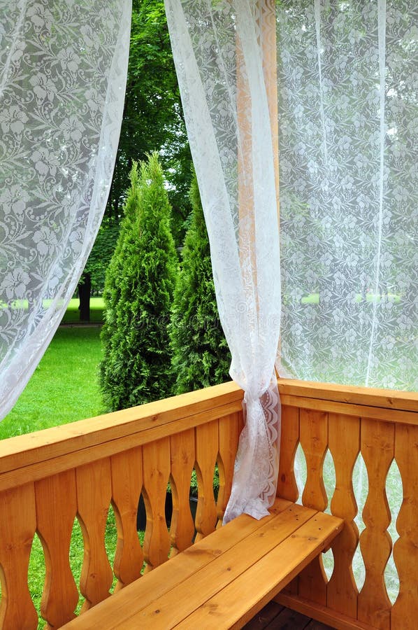 Wooden Porch with Lace Curtains Stock Image Image of architecture