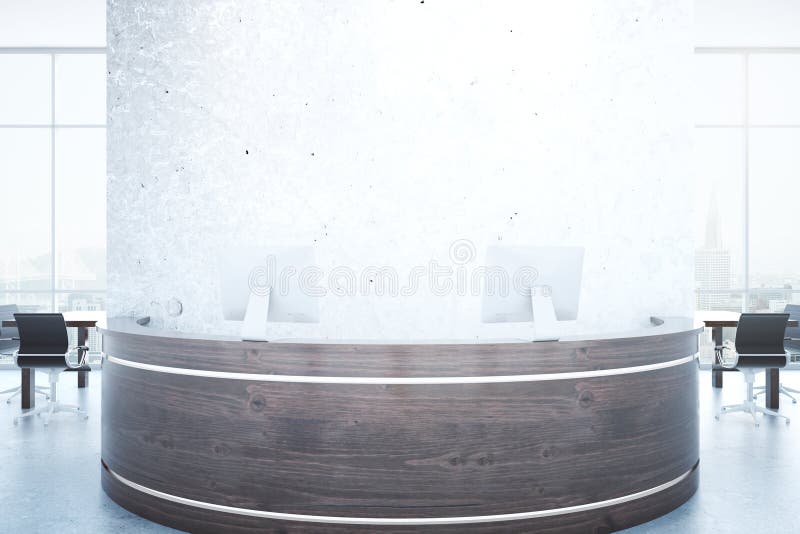 Wooden reception desk and blank wall vector illustration